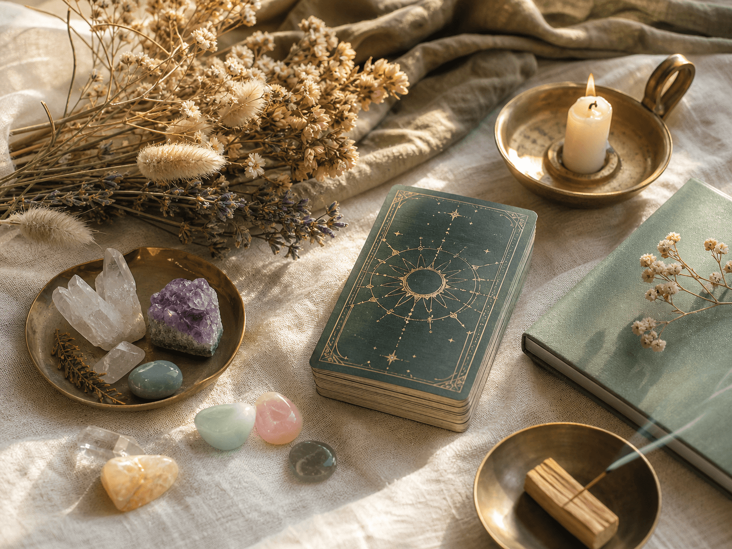 Ritual tools with tarot cards, crystals, flowers, and candlelight